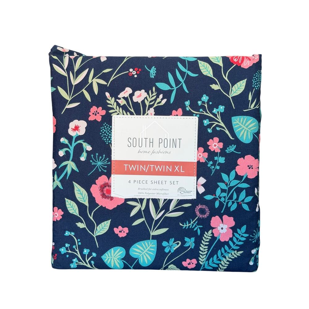 South Point Home Fashions TWIN / TWIN XL  4-PIECE Sheet Set, Navy Darcy Floral